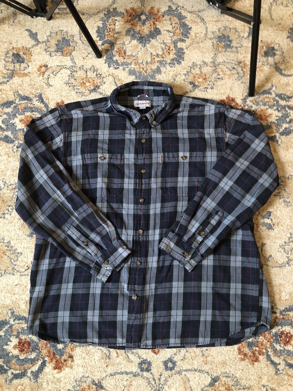 Carhartt Flannel Shirt Mens Size 2XL Blue Plaid Button Up Outdoor Workwear